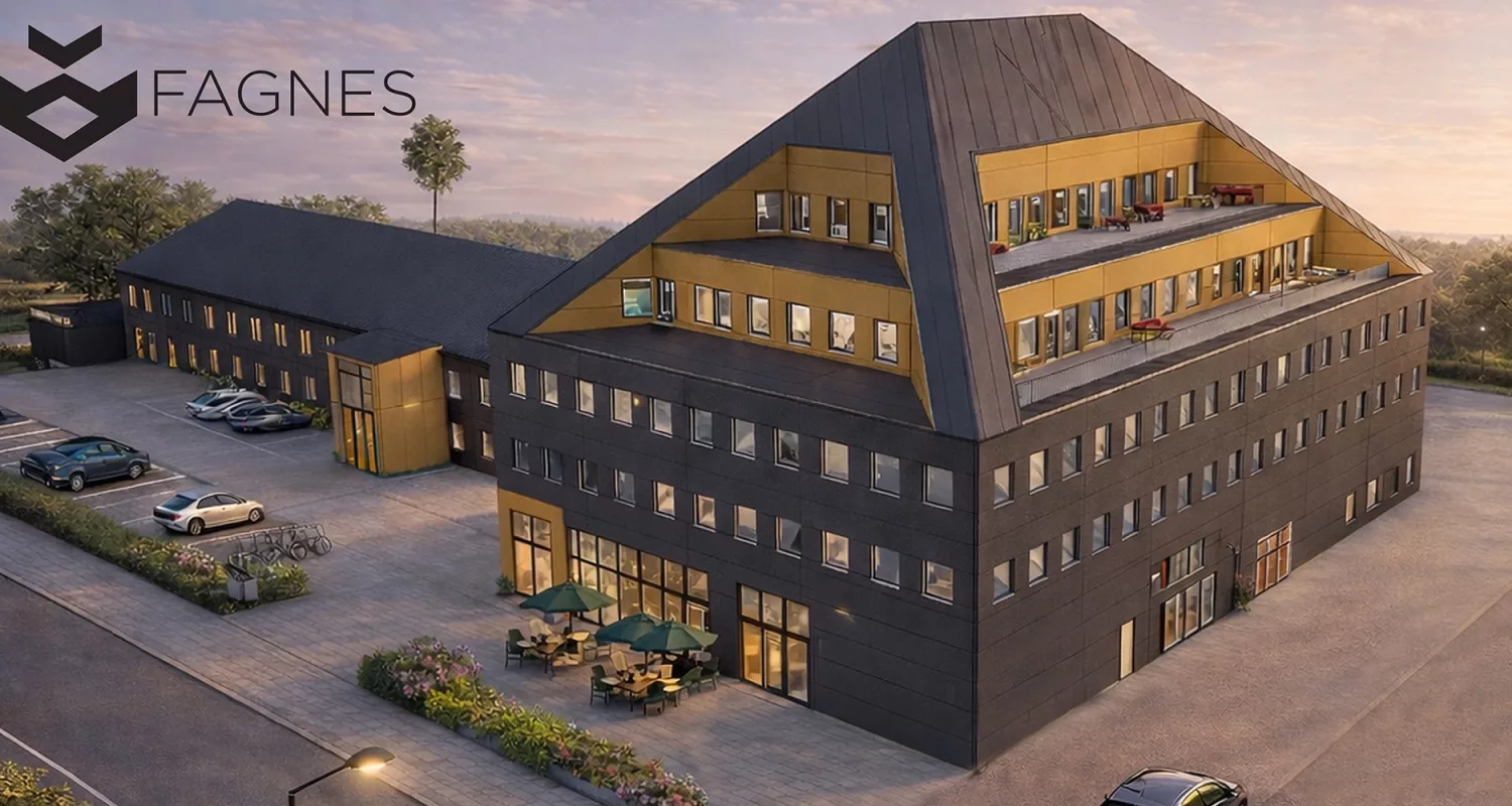 Skiss över modern byggnad.