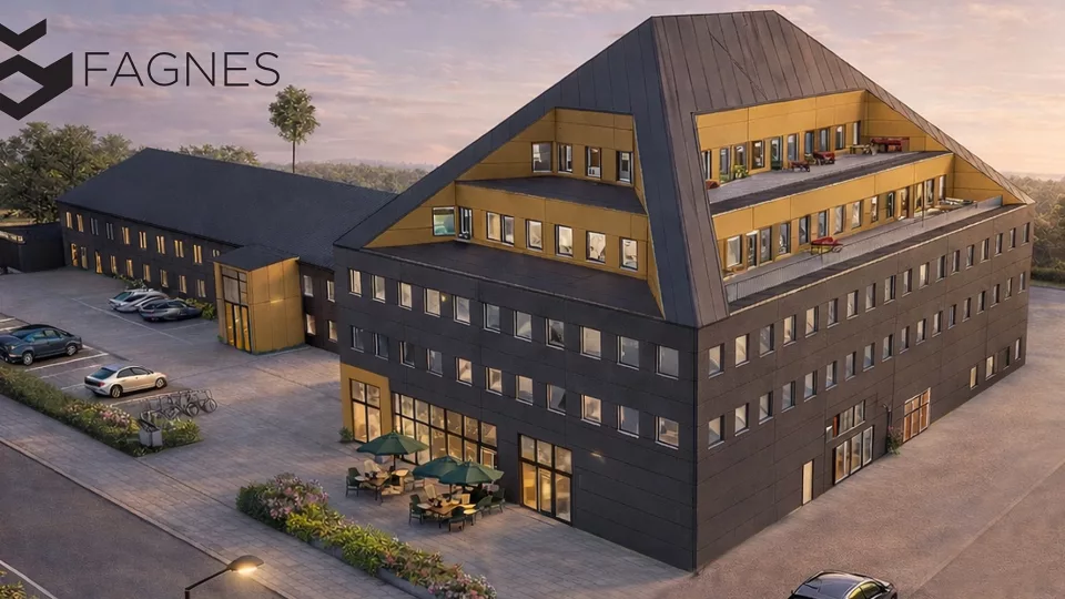 Skiss över modern byggnad.