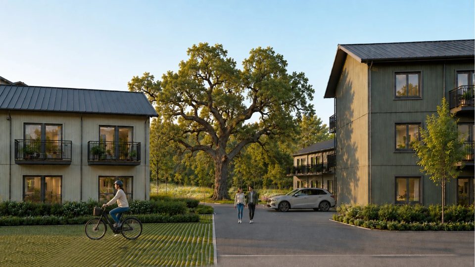 Skissbild miljö utanför nybyggda lägenheter.